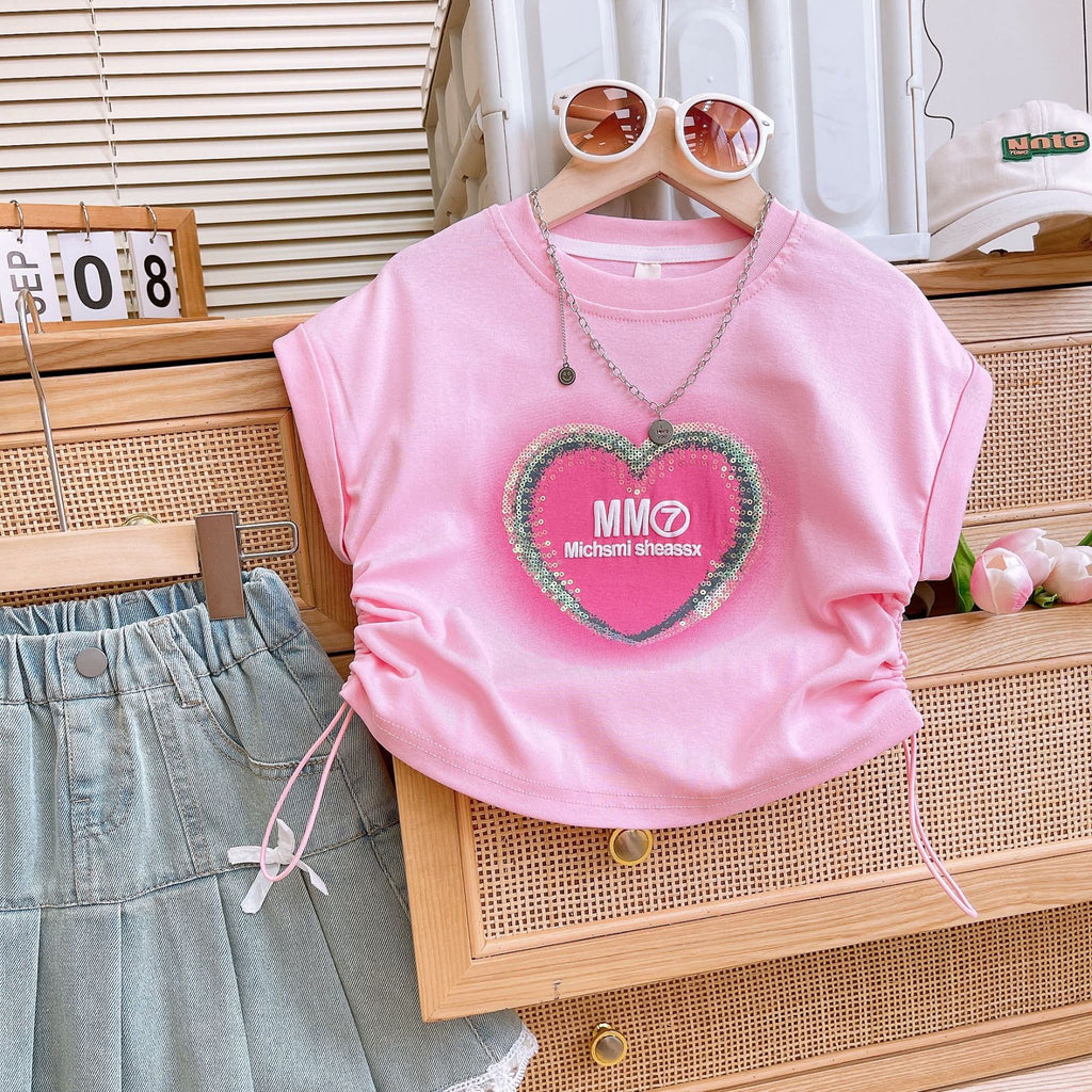 Girls' Sequins Denim Skirt Set with Lace Trim
