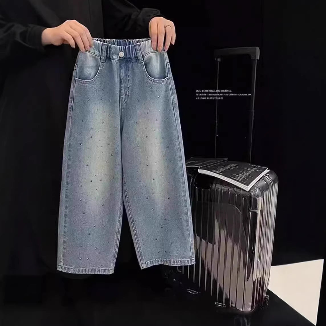 Girls' Rhinestone Wide Leg Denim Pants