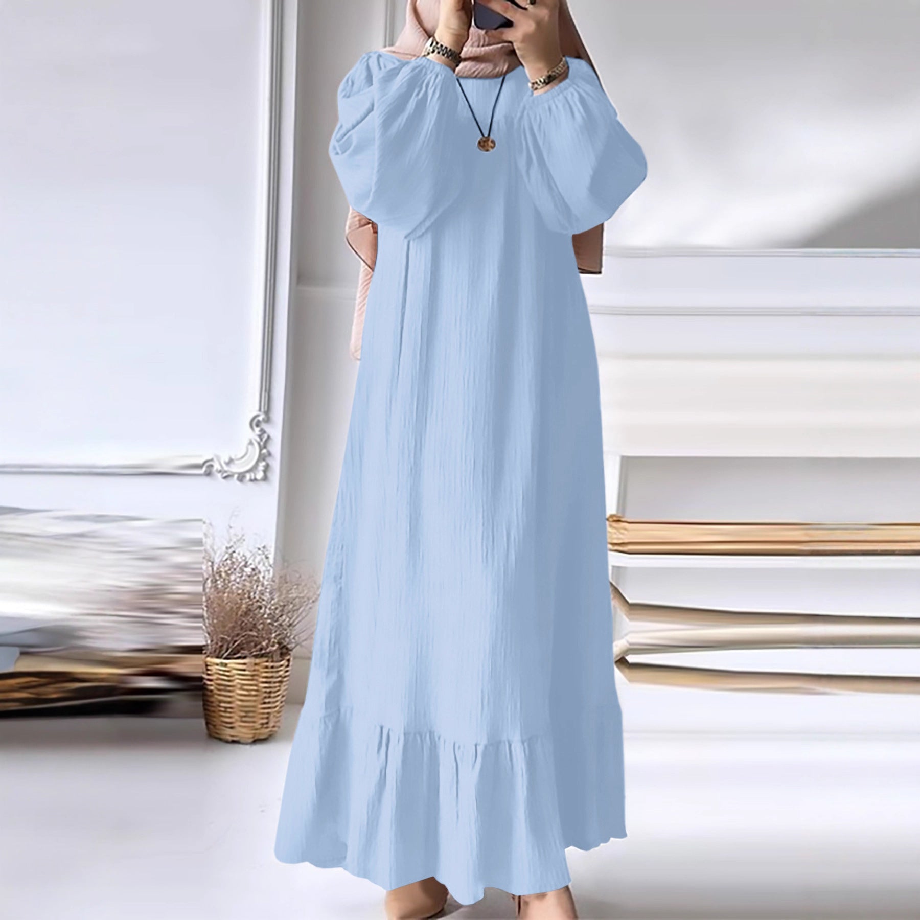 Women's Long Robe Dress with Puff Sleeves