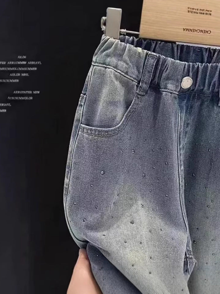 Girls' Rhinestone Wide Leg Denim Pants