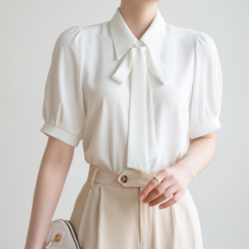 Women's Bow Ribbon Chiffon Shirt - Puff Sleeve