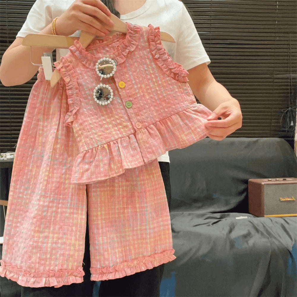 Girls' Lace Contrast Plaid Sleeveless Vest and Wide-leg Pants Set
