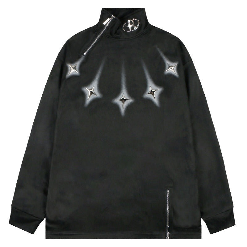 American-style zipper-enclosed high-neck pullover sweater