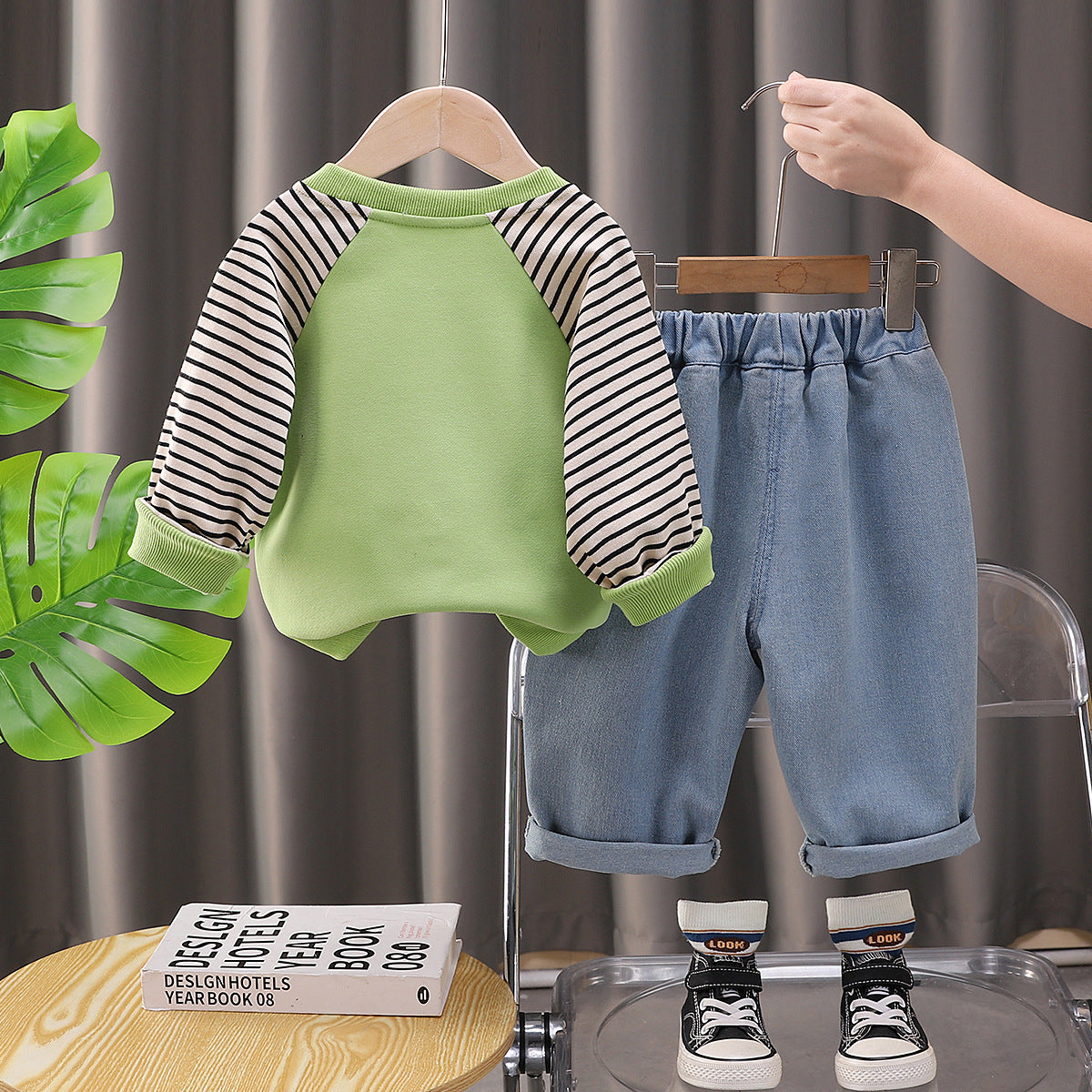 Green and black striped top children's set