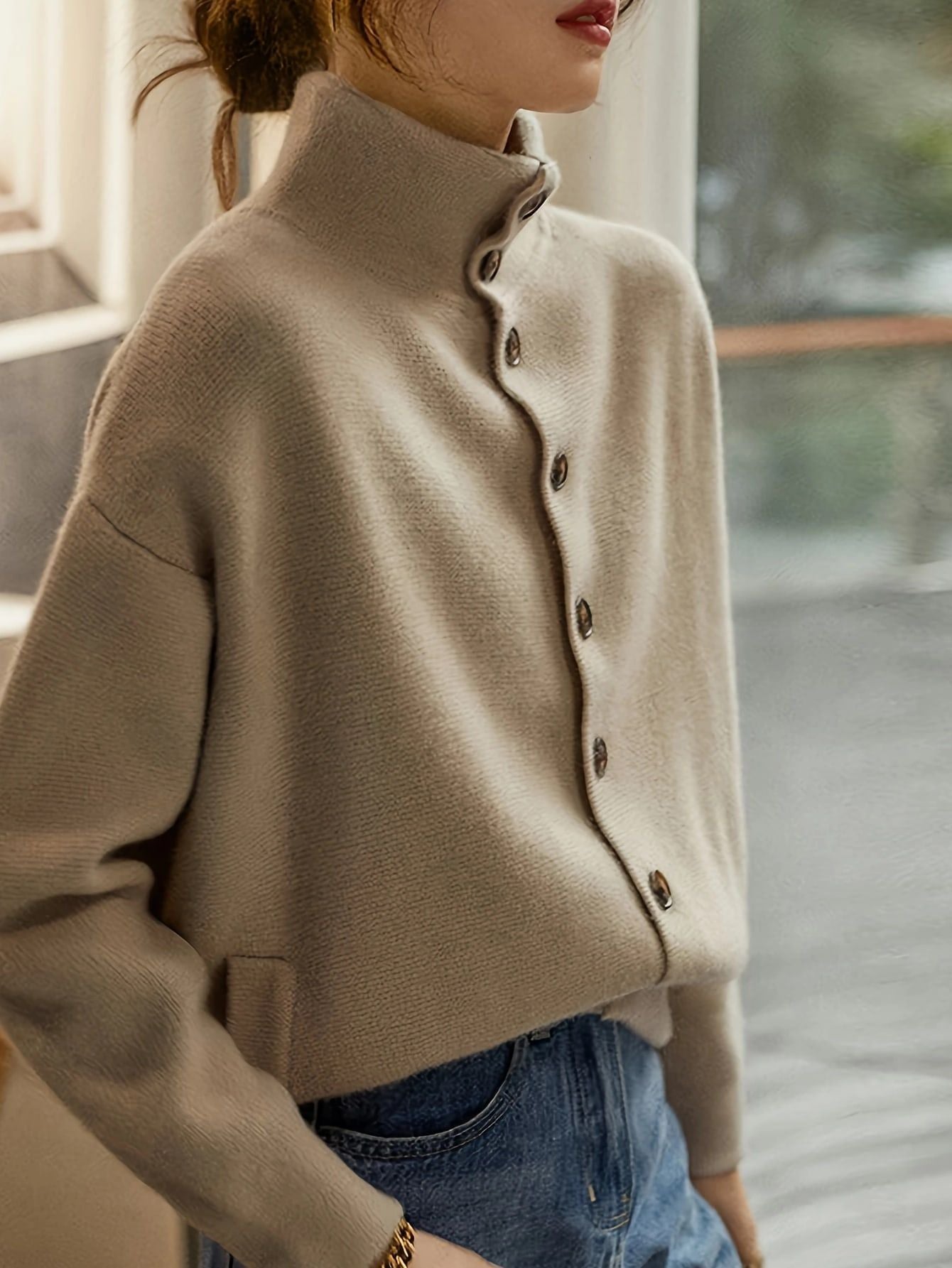 Stand-Up Collar Long-Sleeved Knitted Cardigan