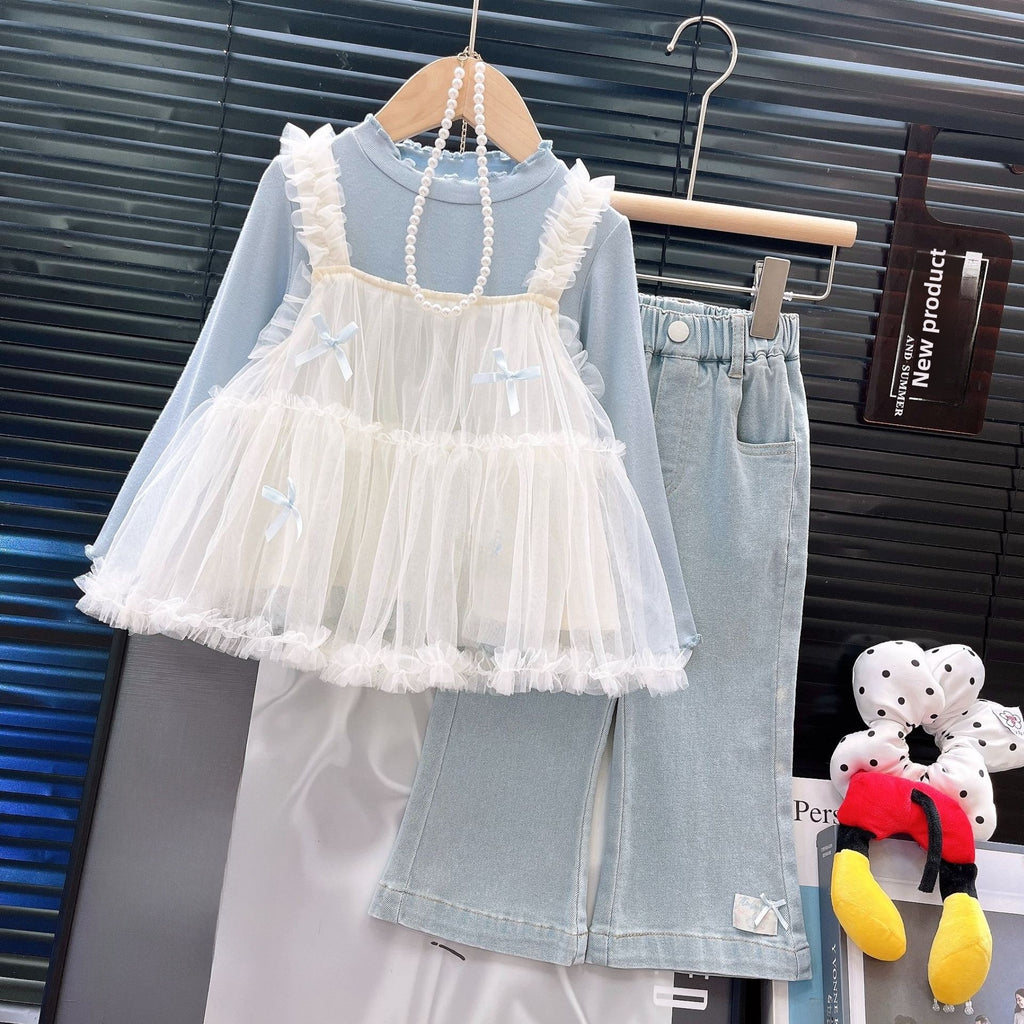 Girls' Three-Piece Outfit Shirt Suspenders Jeans Set