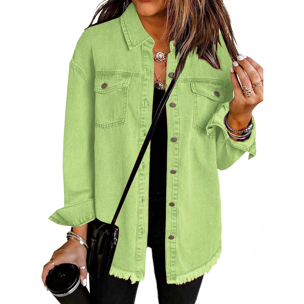 Washed Denim Shirt Jacket with Frayed Hem