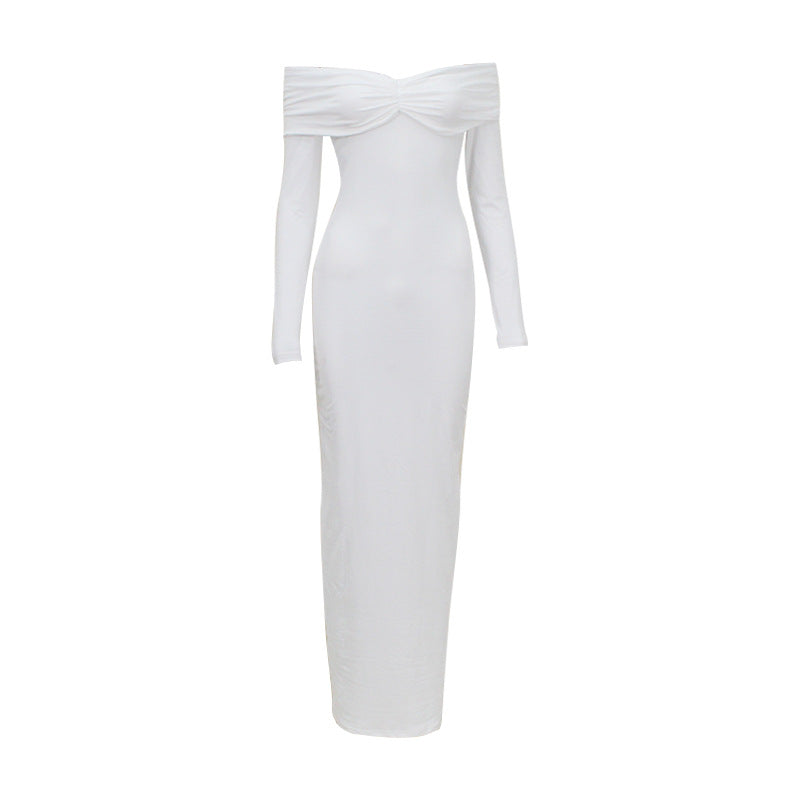 Solid-color sexy French one-shoulder strapless long-sleeved spring and autumn women's dress with pleated and elegant style