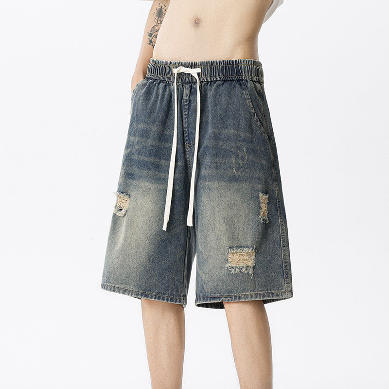 Men's Vintage Blue Denim Shorts with Ripped Details
