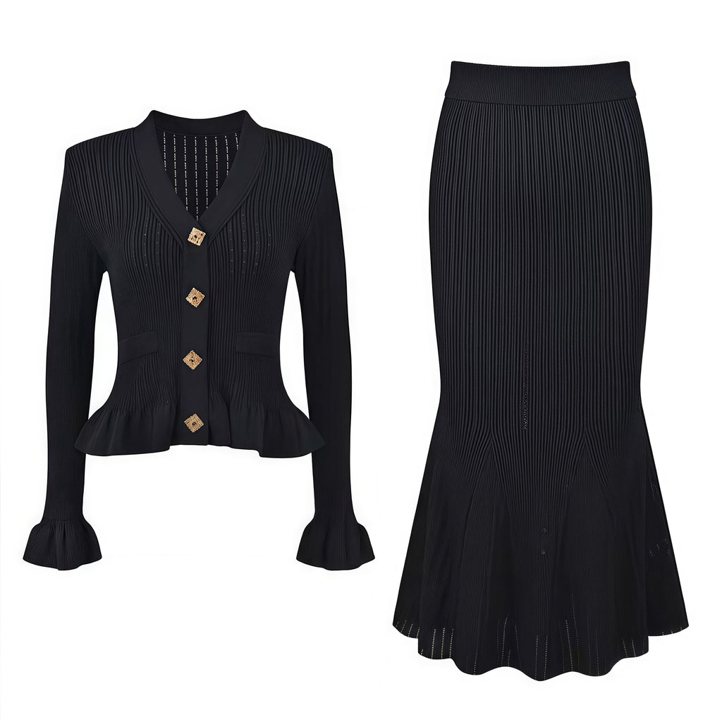 Women's Knitted V-Neck Cardigan and Fishtail Skirt Set