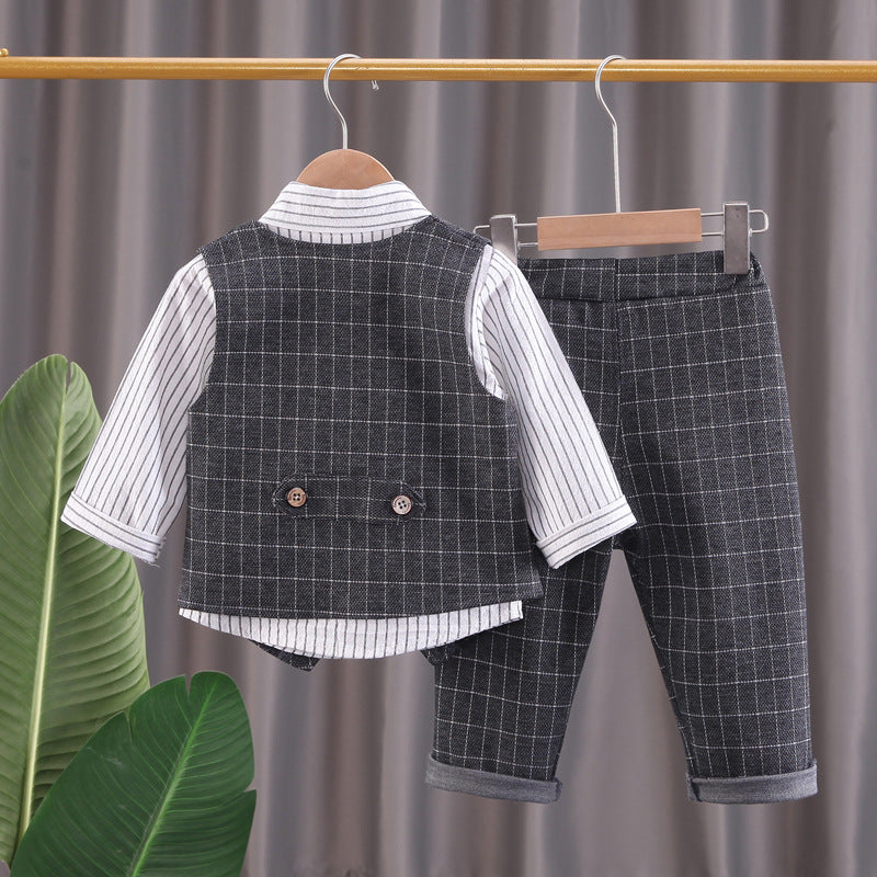 Boys' Autumn Plaid Cardigan Vest Trousers Set