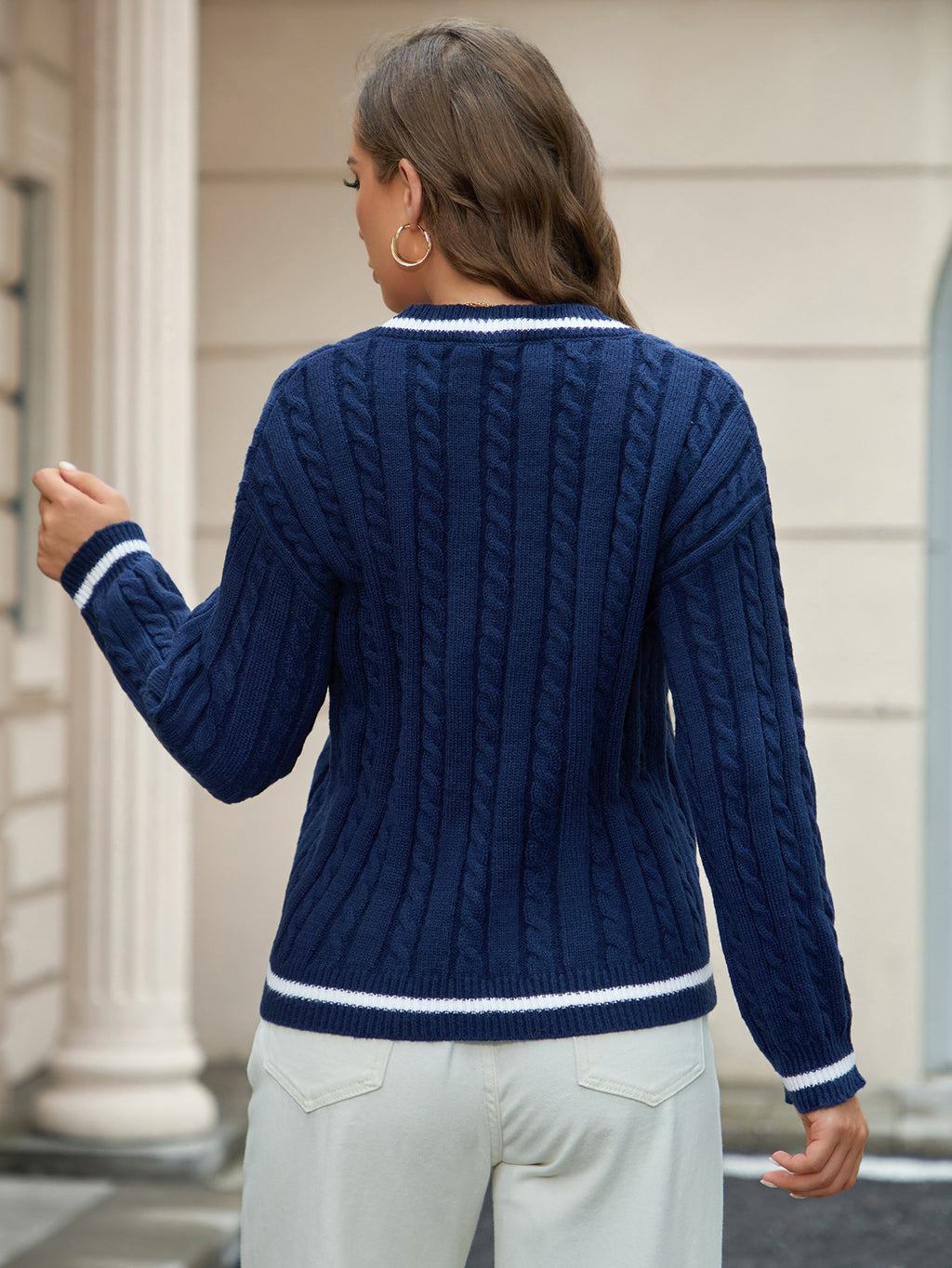 Women's V-neck Pullover Sweater with Twist Thread Detail