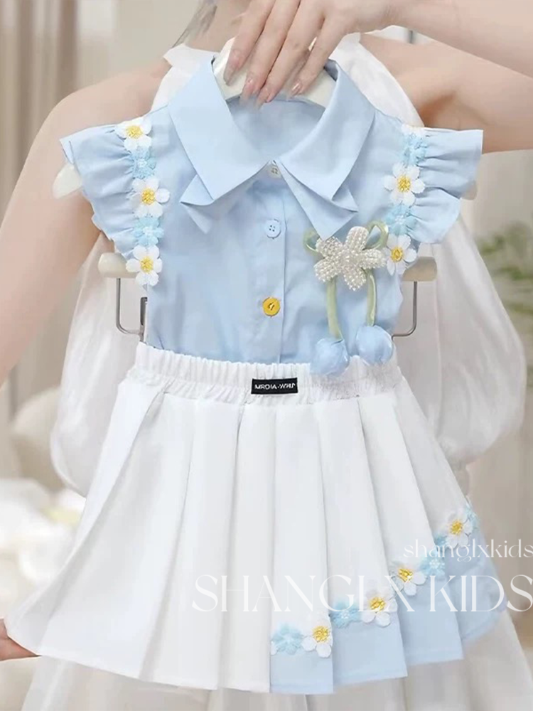 Girls' preppy floral pleated outfit - Two-piece set top and skirt