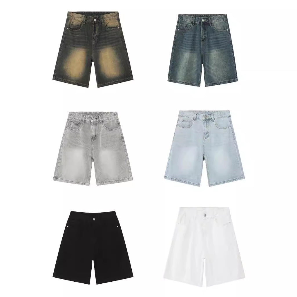 Distressed blue denim shorts