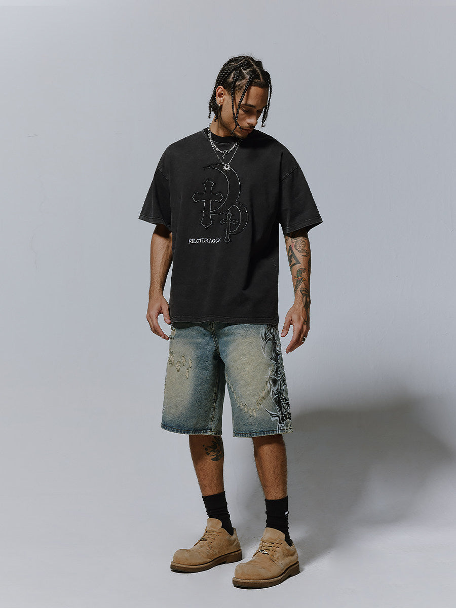 Men's Distressed Spray-Print Denim Shorts