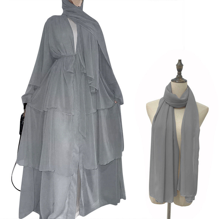 Stitching three-layer chiffon elegant cardigan dress robe