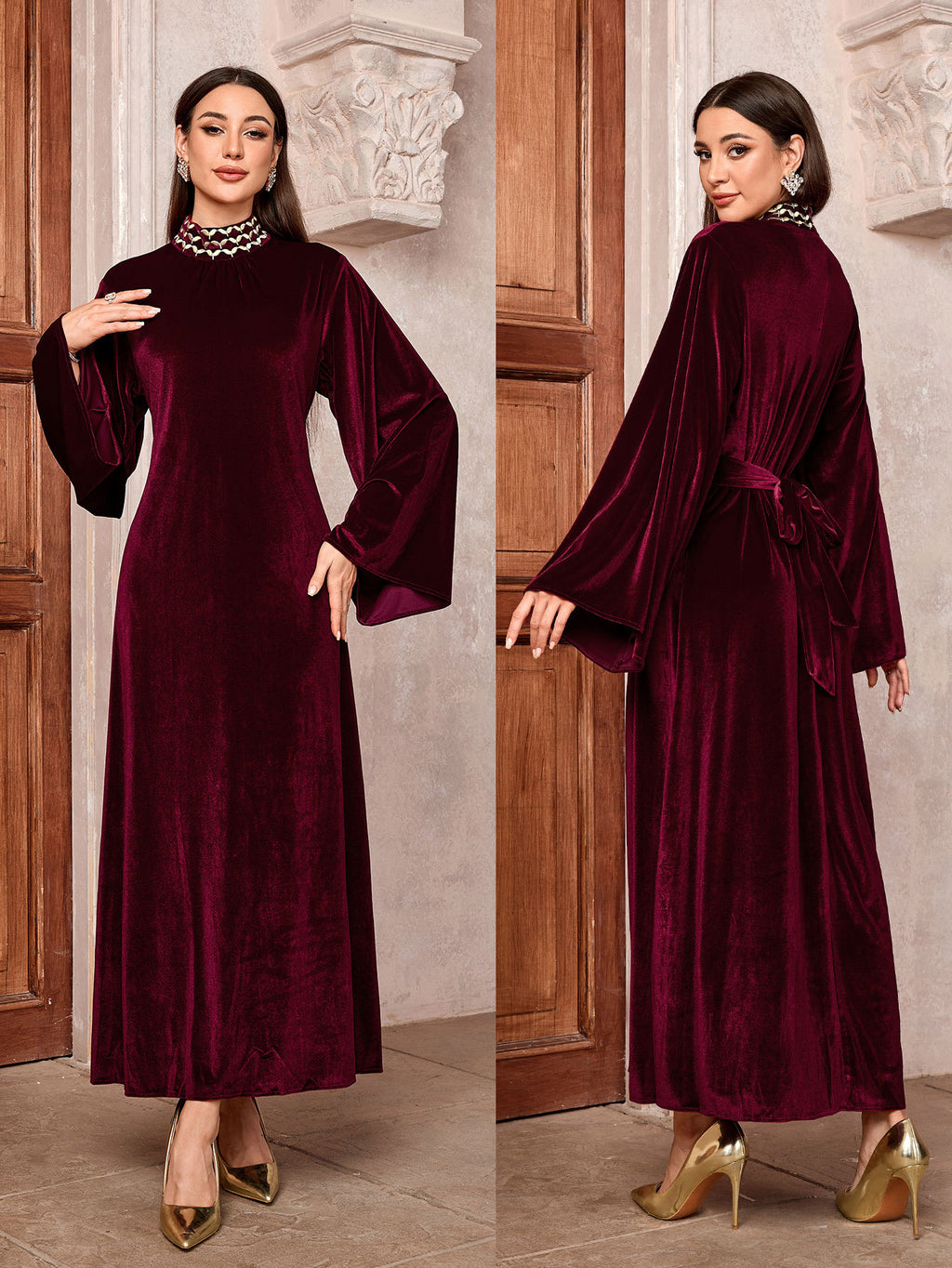 Embroidered trumpet sleeve dress