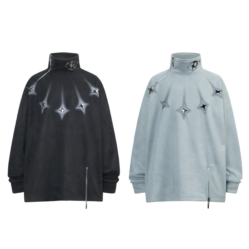 American-style zipper-enclosed high-neck pullover sweater
