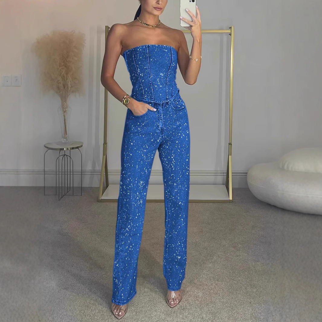 Off-the-shoulder shiny vest and diamond trousers