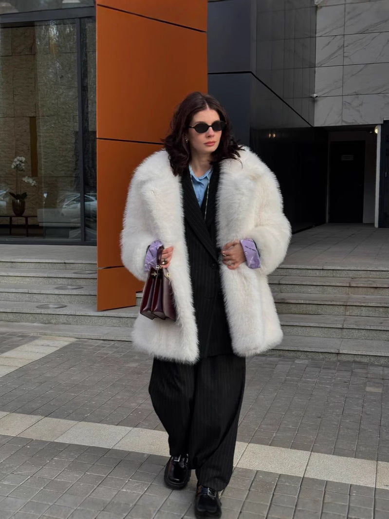 Women's Faux Fur Mid-Length Coat with Extended Collar