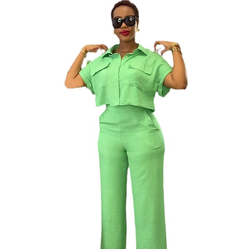 Casual Lapel Shirt and Wide-Leg Pants Suit