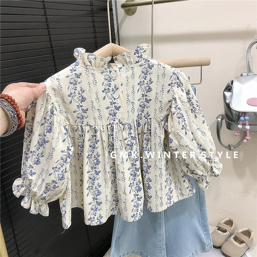 Girls' Floral Shirt and Denim Flared Pants Set