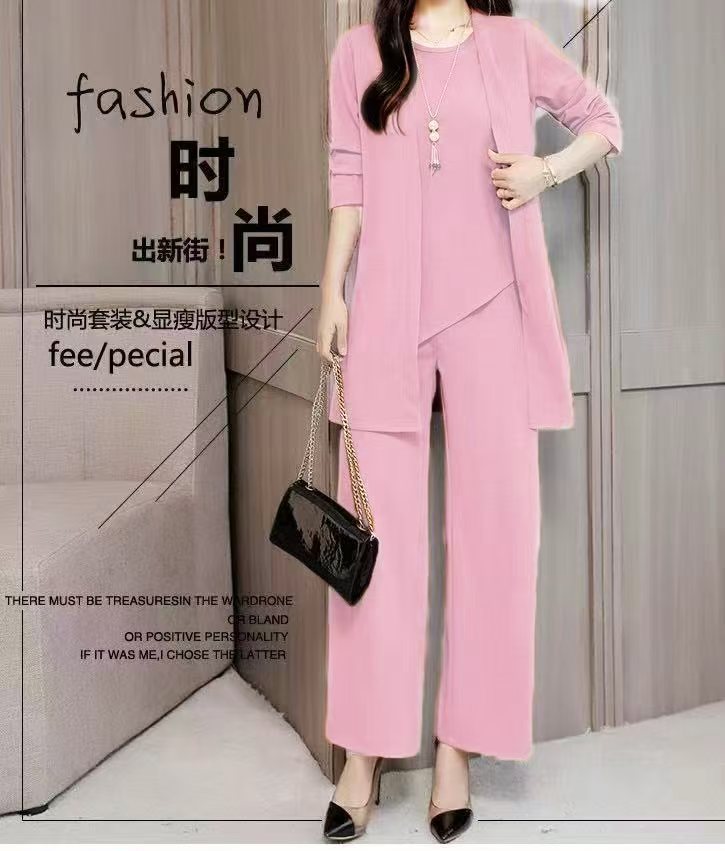 Women's Solid Color Casual Pants Suit - Three-Piece Set Top and Pants