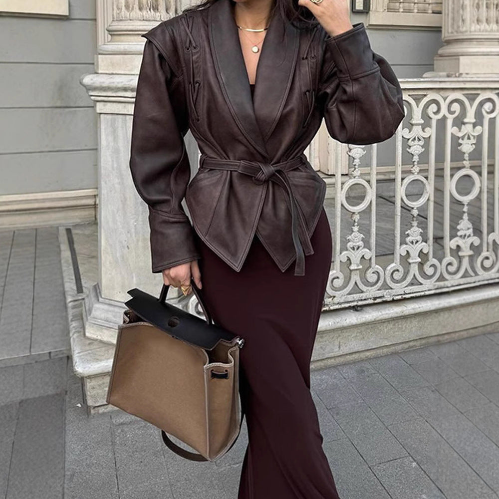 Lace-up short leather jacket coat
