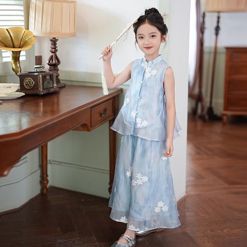 Girls' Chinese Style Sleeveless Wide-Leg Pants Two-Piece Outfit