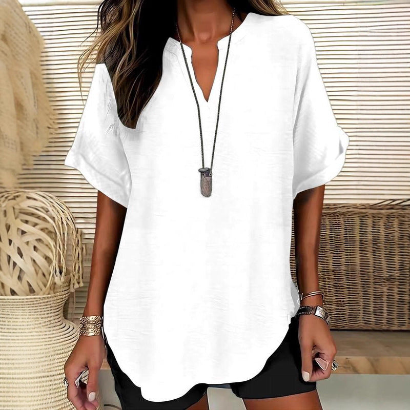 Solid-color V-neck casual blouse for women
