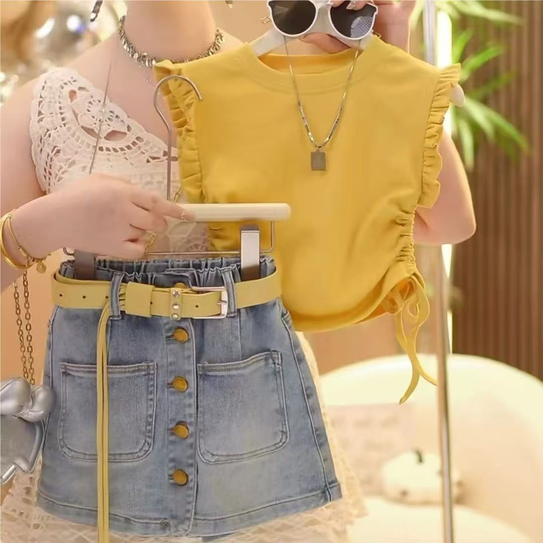 Girls' Summer Flutter Sleeve Denim Shorts Set