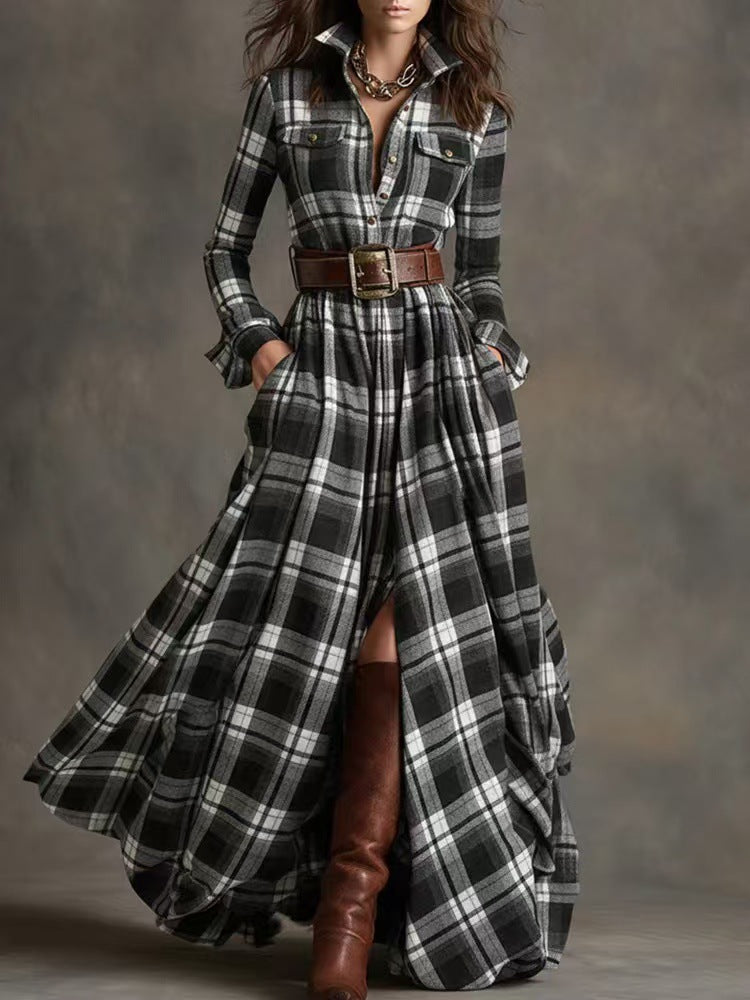 Retro plaid slimming asymmetrical dress