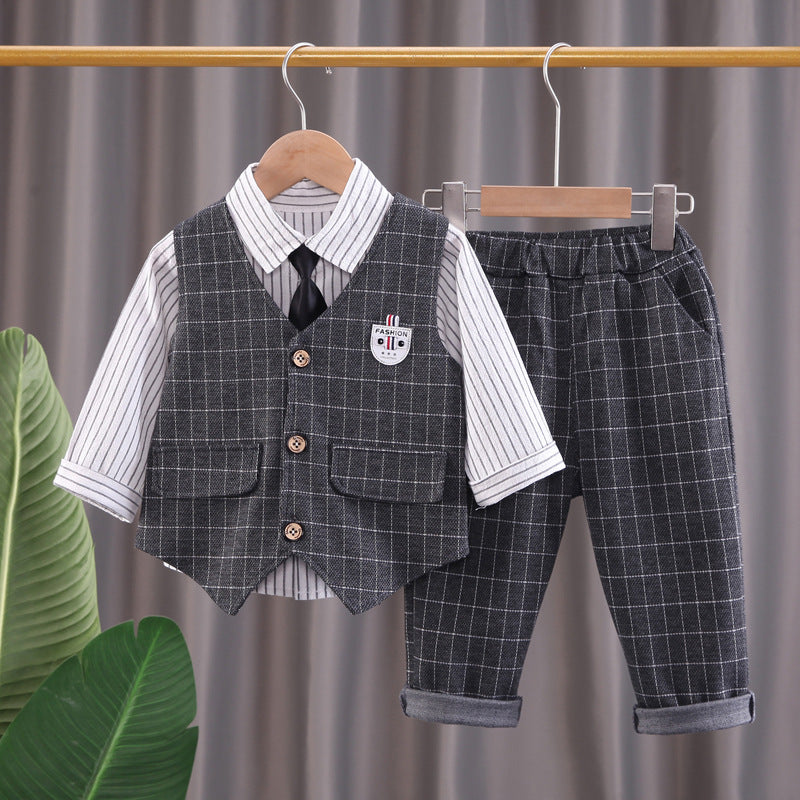 Boys' Autumn Plaid Cardigan Vest Trousers Set