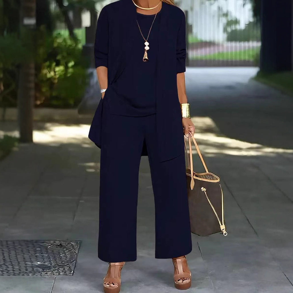 Women's Solid Color Casual Pants Suit - Three-Piece Set Top and Pants