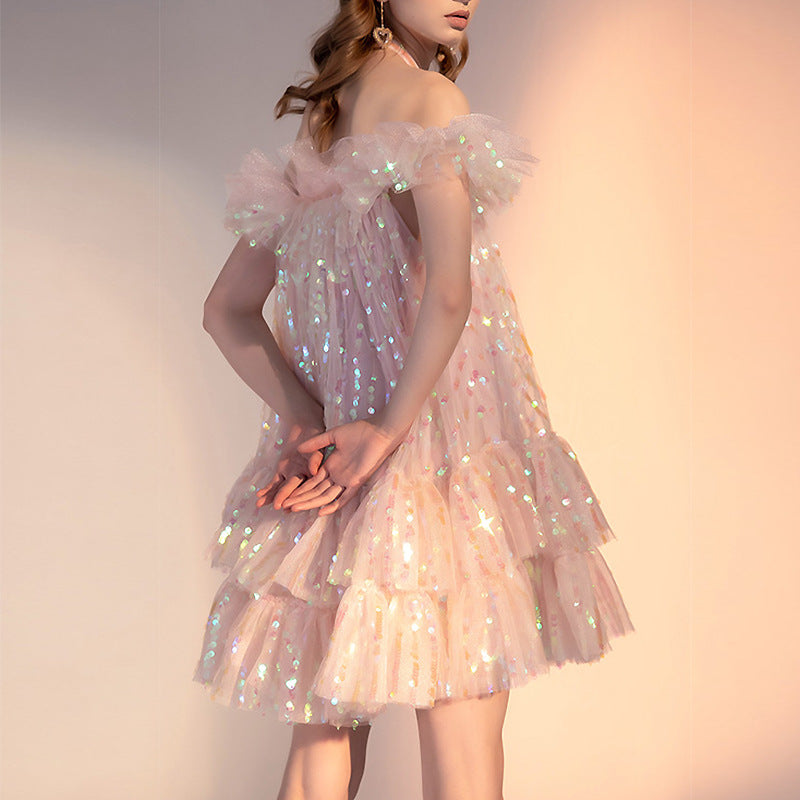 Off-Shoulder Sequined Mesh Dress
