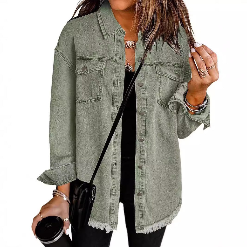 Washed Denim Shirt Jacket with Frayed Hem