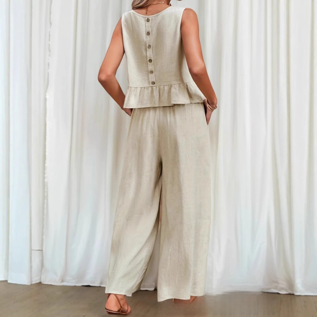 Sleeveless pleated blouse wide-leg nine-inch pants