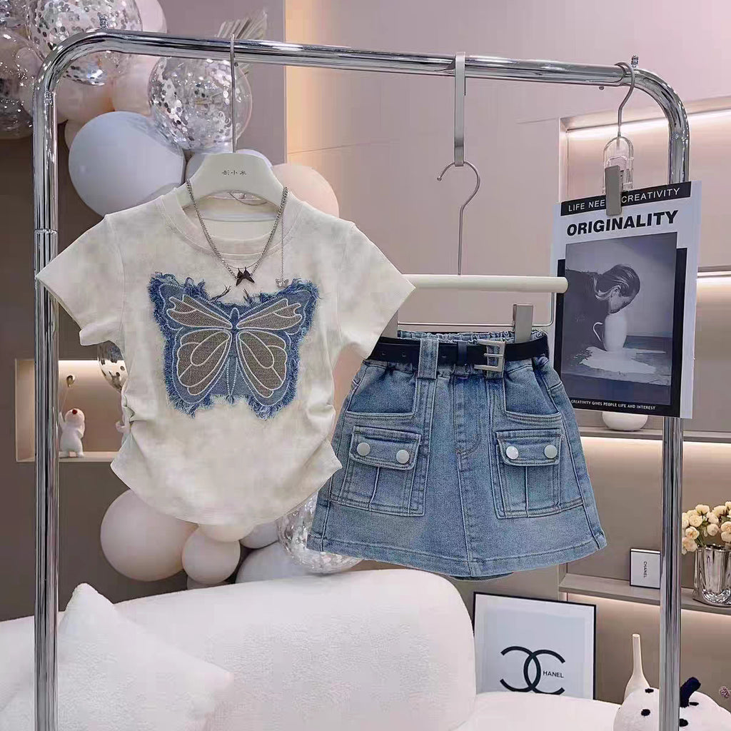 Girls' Bow Embroidered Top and Denim Skirt Set