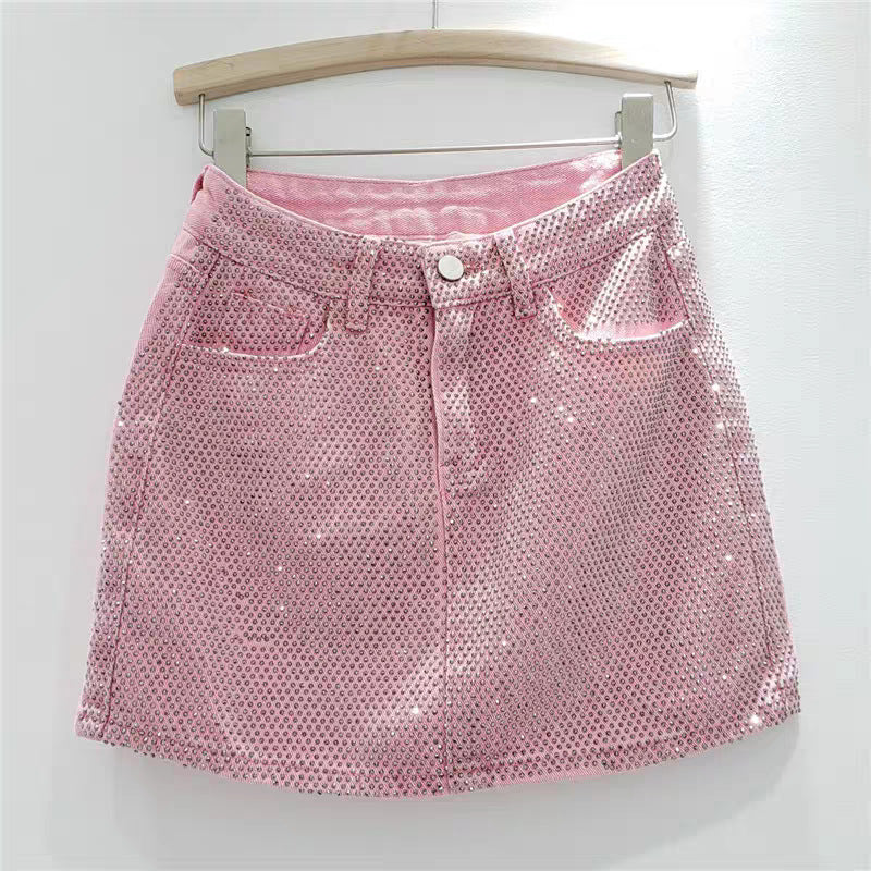 Heavyweight sequined denim half-length skirt