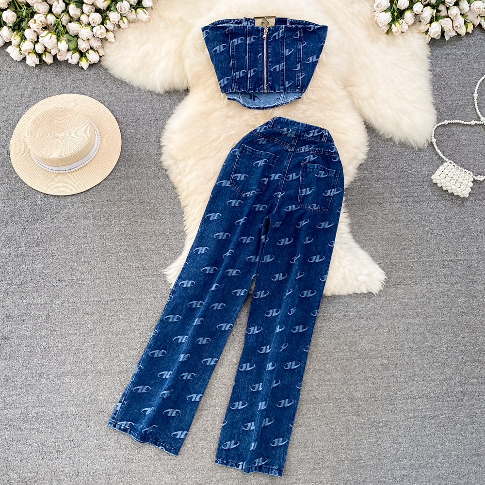 Fashion Denim Vest and High-Waisted Pants Set for Women