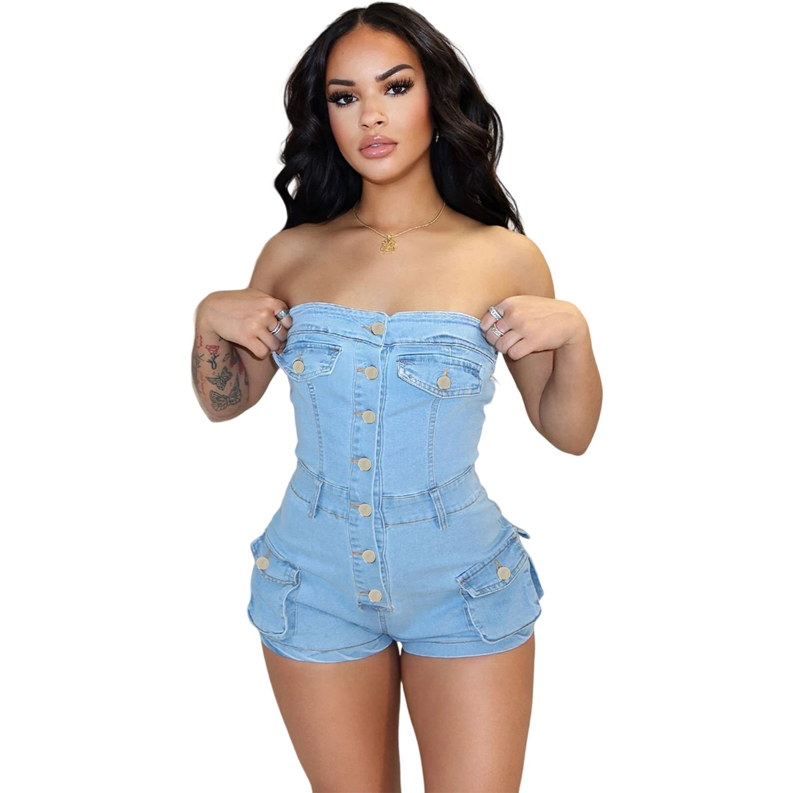 Elastic Denim Sleeveless Jumpsuit with Pockets