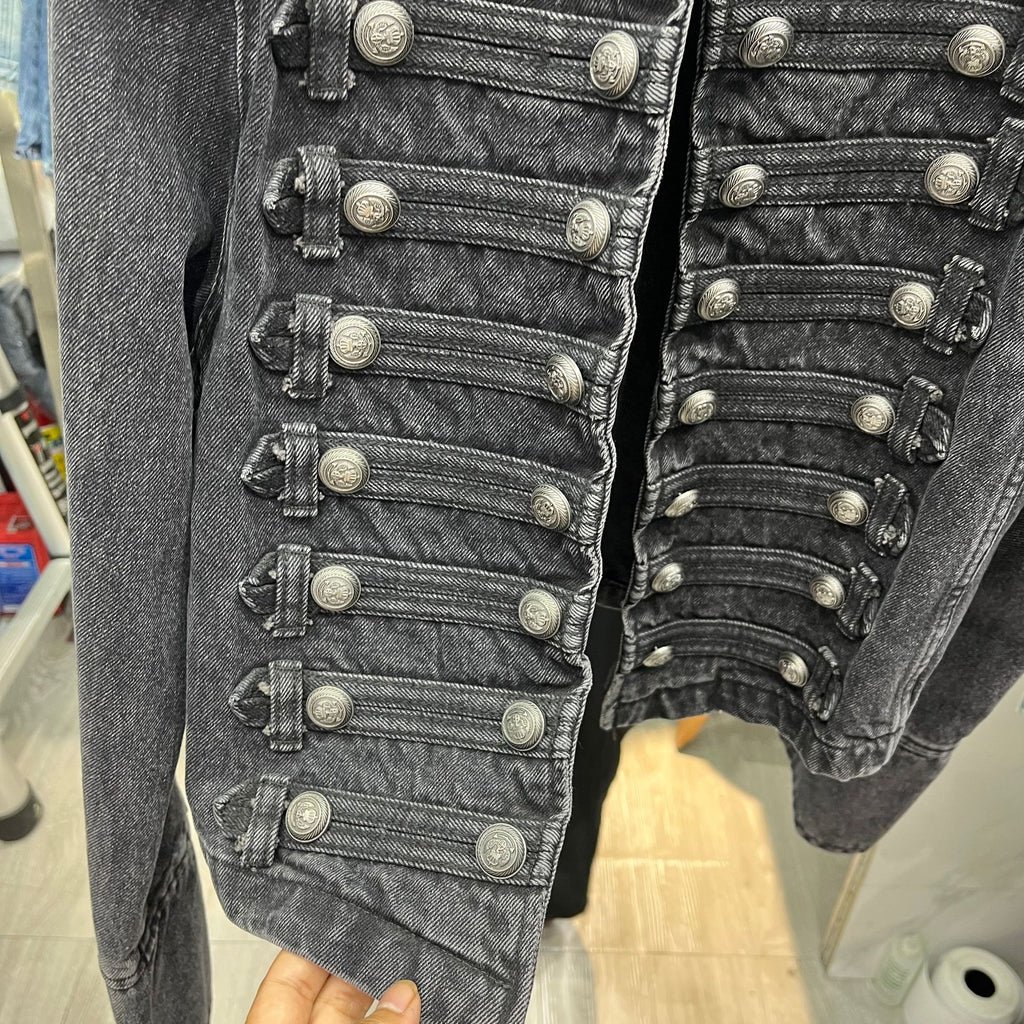 Vintage Style Denim Stand Collar Long Sleeve Coat