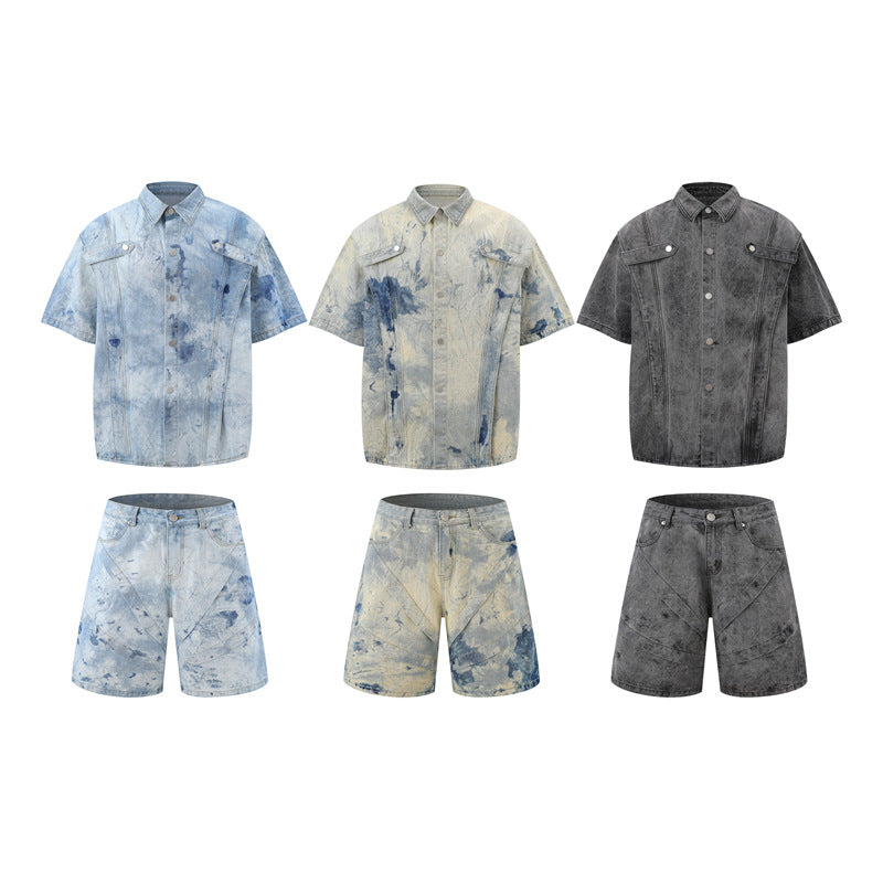 Tie-dyed gradient denim short-sleeved top and shorts set