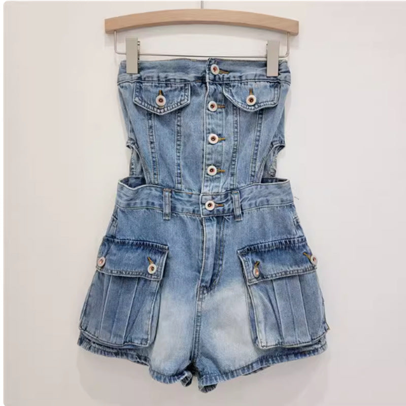 Button-Up Denim Shortalls