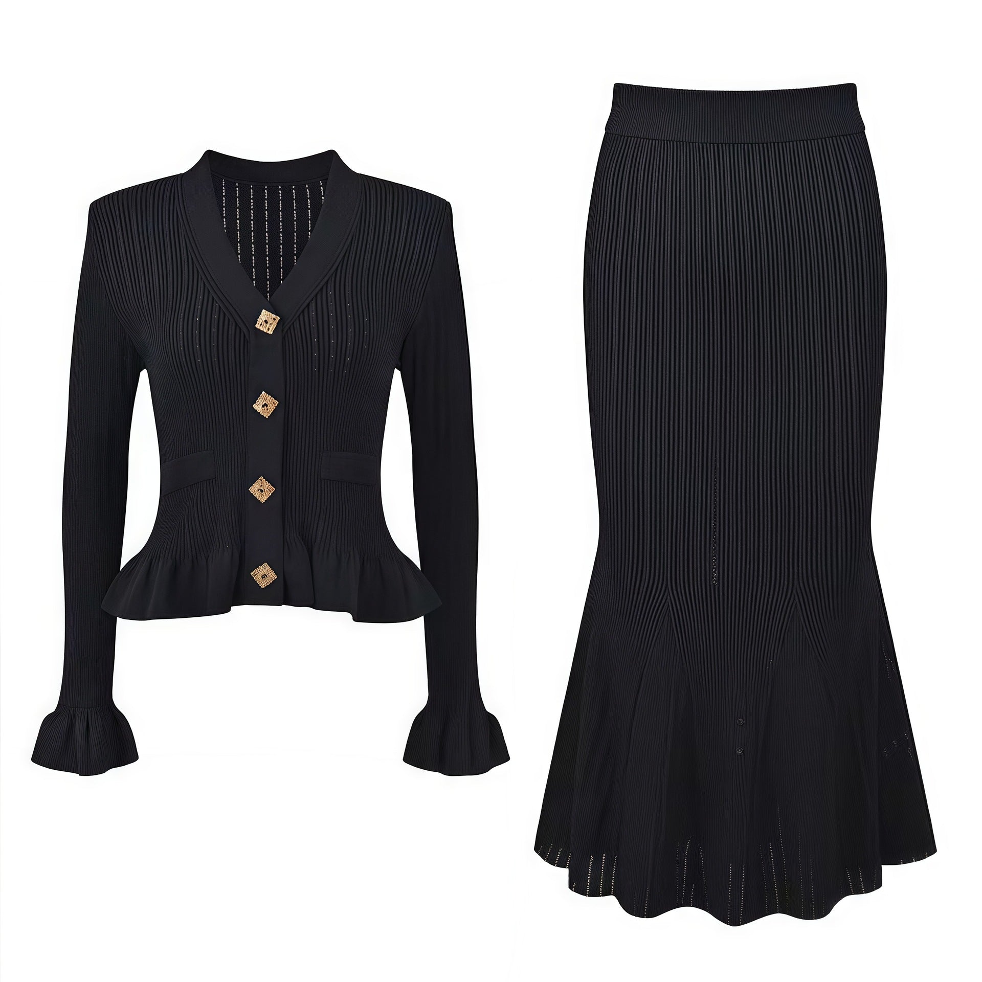Women's Knitted V-Neck Cardigan and Fishtail Skirt Set
