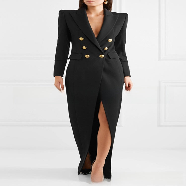 Elegant Slim Double-Breasted Long Dress with Back Zipper