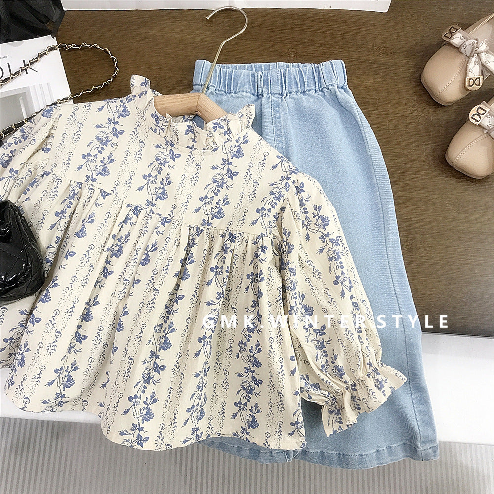 Girls' Floral Shirt and Denim Flared Pants Set