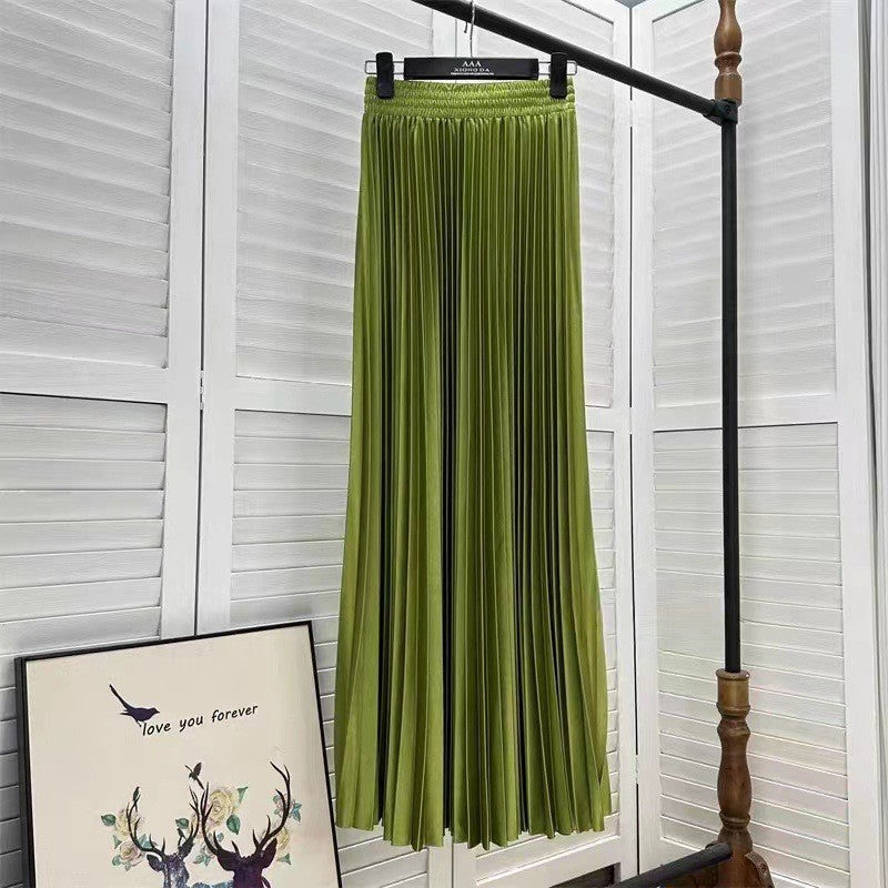Satin Pleated Midi Skirt High Waist