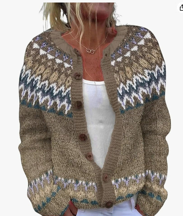 Ethnic Jacquard Knit Cardigan Women Long Sleeve Retro Style