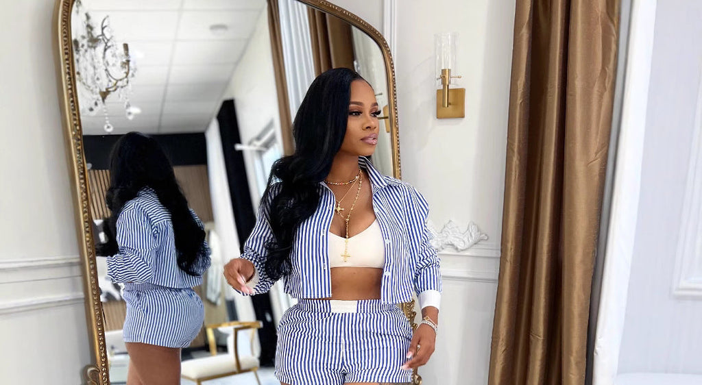 Women's Stylish Lapel Striped Long Sleeve Shirt and Shorts Suit